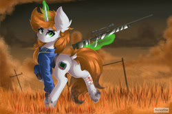 Size: 1280x854 | Tagged: safe, artist:natanvok, derpibooru import, oc, oc:littlepip, pony, fallout equestria, bandage, butt, gun, magic, pipbutt, plot, rifle, sniper rifle, solo, weapon