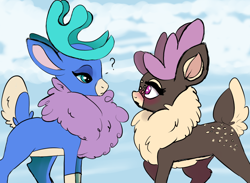 Size: 802x588 | Tagged: safe, artist:smokeytwilight, derpibooru import, oc, oc:comfy (tfh), deer, reindeer, them's fightin' herds, canon x oc, community related, dancer (tfh), deer oc, duo, non-pony oc, simple background, tfh oc