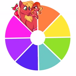 Size: 2048x2048 | Tagged: safe, artist:carouselunique, derpibooru import, big macintosh, oc, oc:ambrosia, earth pony, pegasus, apple, food, freckles, happy, offspring, parent:big macintosh, parent:princess cadance, parents:cadmac, smiling