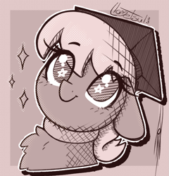 Size: 995x1038 | Tagged: safe, artist:llametsul, derpibooru import, ms. harshwhinny, earth pony, pony, atg 2023, blushing, cute, graduation cap, hat, monochrome, newbie artist training grounds, signature, sketch, smiling, solo, starry eyes, wingding eyes