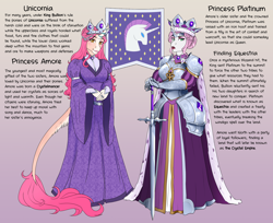 Size: 3874x3160 | Tagged: safe, artist:askbubblelee, princess amore, princess platinum, anthro, unguligrade anthro, unicorn, armor, banner, beauty mark, clothes, crown, digital art, female, jewelry, leonine tail, lore, mare, regalia, serious, serious face, sword, tail, unicornia, weapon