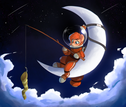 Size: 3120x2669 | Tagged: safe, artist:rexyseven, derpibooru import, oc, oc:rusty gears, earth pony, pony, cloud, dreamworks, female, fishing rod, high res, mare, moon, sock, solo, spacesuit, tangible heavenly object, transparent moon