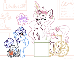 Size: 2117x1726 | Tagged: safe, artist:pink-pone, derpibooru import, oc, oc only, oc:indigo splash, unicorn, colt, female, foal, glasses, magic, male, mare, wheelchair