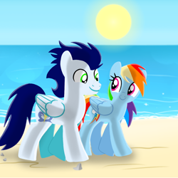 Size: 1400x1400 | Tagged: safe, artist:mlplary6, derpibooru import, rainbow dash, soarin', pegasus, pony, beach, female, looking at each other, looking at someone, male, mare, ocean, shipping, smiling, smiling at each other, soarindash, stallion, straight, sun, walking, water