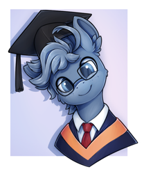 Size: 752x904 | Tagged: safe, artist:zeepheru_pone, derpibooru import, oc, oc only, pegasus, pony, atg 2023, cheek fluff, clothes, cute, ear fluff, ears, glasses, graduation cap, hat, looking at you, male, necktie, newbie artist training grounds, smiling, solo, stallion