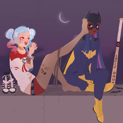 Size: 3072x3072 | Tagged: safe, artist:cryweas, derpibooru import, trixie, twilight sparkle, human, alternate hairstyle, annoyed, baseball bat, batgirl, batman, blushing, bondage, boots, bracelet, cape, choker, clothes, commission, cosplay, costume, crescent moon, cuffs, dc comics, duo, ear piercing, earring, eyebrow piercing, eyeshadow, feet, female, fishnet stockings, gloves, harley quinn, humanized, jacket, jewelry, leather, leather jacket, lesbian, lipstick, makeup, mask, midriff, moon, nail polish, night, nose piercing, nose ring, open mouth, pants, piercing, ring, rooftop, rope, rope bondage, shipping, shirt, shoes, shorts, sitting, stars, stocking feet, t-shirt, tattoo, teasing, toenail polish, torn clothes, twilight sparkle is not amused, twixie, unamused