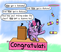 Size: 1400x1200 | Tagged: safe, artist:ebbysharp, derpibooru import, twilight sparkle, twilight sparkle (alicorn), alicorn, pony, atg 2023, diploma, graduation cap, hat, magic, newbie artist training grounds, solo, we couldn't fit it all in