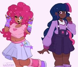 Size: 2048x1761 | Tagged: safe, artist:darkdoubloon, derpibooru import, pinkie pie, sci-twi, twilight sparkle, human, equestria girls, clothes, dark skin, detached sleeves, duo, looking at you, moderate dark skin, one eye closed, open mouth, redesign, simple background, skirt, smiling, white background, wink