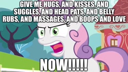 Size: 1280x720 | Tagged: safe, derpibooru import, edit, edited screencap, screencap, sweetie belle, pony, unicorn, angry, caption, female, filly, foal, hugs?, image macro, implied belly rubs, implied boop, implied head pat, implied hugging, implied kissing, implied massage, implied snuggles, snuggles?, sweetielove, talking to viewer, text, yelling