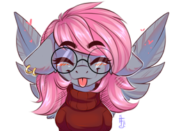 Size: 1600x1200 | Tagged: safe, artist:falafeljake, derpibooru import, oc, oc only, oc:cherry rose, pegasus, :p, clothes, cute, ear piercing, eyes closed, glasses, happy, long mane, piercing, simple background, solo, spread wings, sweater, tongue, tongue out, turtleneck, white background, wings