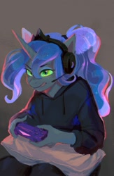 Size: 1300x2000 | Tagged: safe, artist:dearmary, derpibooru import, princess luna, queen chrysalis, alicorn, anthro, clothes, controller, disguise, disguised changeling, fake luna, female, gamer luna, gray background, headphones, hoodie, simple background, solo