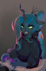 Size: 1300x2000 | Tagged: safe, artist:dearmary, derpibooru import, queen chrysalis, anthro, changeling, changeling queen, clothes, controller, female, gamer chrysalis, gray background, headphones, hoodie, rage quit, simple background, solo