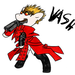 Size: 851x851 | Tagged: safe, anonymous artist, derpibooru import, earth pony, pony, boots, clothes, coat, crossover, ear piercing, glasses, gun, mouth hold, piercing, ponified, rearing, shoes, simple background, solo, species swap, trigun, vash the stampede, weapon, white background
