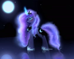 Size: 2048x1620 | Tagged: safe, artist:petaltwinkle, derpibooru import, princess luna, alicorn, pony, blushing, female, full moon, glowing, glowing horn, horn, looking up, mare, moon, profile, reflection, side view, smiling, solo