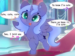 Size: 4000x3000 | Tagged: safe, artist:zokkili, derpibooru import, princess luna, alicorn, pony, canterlot throne room, cute, ear fluff, ears, female, filly, foal, heart, heart eyes, lunabetes, lyrics, music notes, open mouth, open smile, singing, smiling, solo, spread wings, text, throne room, wingding eyes, wings, woona, younger