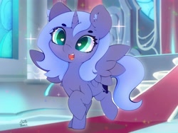 Size: 4000x3000 | Tagged: safe, alternate version, artist:zokkili, derpibooru import, princess luna, alicorn, pony, beanbrows, canterlot throne room, cute, ear fluff, ears, eyebrows, eyebrows visible through hair, female, filly, foal, heart, heart eyes, high res, indoors, looking at you, lunabetes, open mouth, open smile, raised hoof, raised leg, signature, smiling, smiling at you, solo, sparkles, spread wings, throne room, wingding eyes, wings, woona, younger