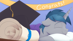 Size: 2000x1141 | Tagged: safe, artist:arcane-thunder, derpibooru import, oc, oc only, pony, unicorn, 2023, atg 2023, banner, diploma, graduation, graduation cap, hat, horn, male, newbie artist training grounds, resting, solo, unicorn oc