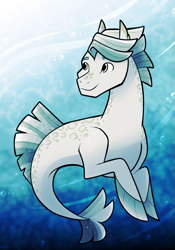 Size: 941x1346 | Tagged: safe, artist:eternity9, derpibooru import, oc, oc only, oc:silver river, earth pony, seapony (g4), artfight, blue mane, blue tail, bubble, crepuscular rays, digital art, dorsal fin, fin, fins, happy, male, ocean, scales, seaponified, smiling, solo, species swap, stallion, sunlight, swimming, tail, underwater, water