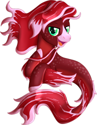 Size: 1050x1350 | Tagged: safe, artist:schattenspielrex, derpibooru import, oc, oc only, earth pony, seapony (g4), digital art, fins, fish tail, flowing mane, flowing tail, green eyes, looking at you, male, open mouth, open smile, red mane, red tail, scales, seaponified, simple background, smiling, smiling at you, solo, species swap, stallion, tail, transparent background