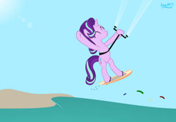 Size: 503x350 | Tagged: safe, artist:ironm17, derpibooru import, starlight glimmer, pony, unicorn, bipedal, female, kitesurfing, solo, surfboard, water, wave