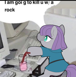 Size: 728x740 | Tagged: safe, artist:unoriginai, derpibooru import, maud pie, earth pony, pony, computer, cute, drink, female, irl, keyboard, mare, maudabetes, meme, photo, ponies in real life, smiling, solo, speech bubble, when she smiles