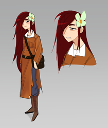 Size: 1890x2248 | Tagged: safe, artist:syrupyyy, derpibooru import, oc, oc:apple bloom, earth pony, human, fanfic:song of seven, bag, bags under eyes, boots, clothes, cowboy, denim, eyebrows, flower, flower in hair, humanized, humanized oc, jacket, jeans, leather, leather jacket, long hair, messy hair, pale skin, pants, red hair, reference sheet, shoes, simple background, tassels, wat, white shirt