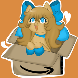 Size: 2048x2048 | Tagged: artist needed, source needed, safe, derpibooru exclusive, derpibooru import, oc, earth pony, pony, :3, amazon.com, bow, box, cardboard box, cute, hair bow, leaning, looking up, ocbetes, open mouth, orange background, ponified, pony in a box, simple background, smiling, solo, species swap