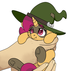 Size: 2339x2425 | Tagged: safe, alternate version, artist:rokosmith26, derpibooru import, oc, oc only, oc:mystery brew, pony, unicorn, commission, hand, hat, high res, holding a pony, simple background, solo, transparent background, witch hat, ych result