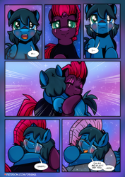 Size: 2480x3508 | Tagged: safe, artist:dsana, derpibooru import, fizzlepop berrytwist, tempest shadow, oc, oc:lullaby dusk, pegasus, pony, unicorn, comic:a storm's lullaby, crying, female, filly, foal, hug