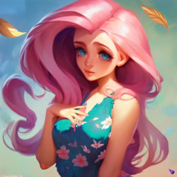 Size: 768x768 | Tagged: safe, ai content, derpibooru import, generator:purplesmart.ai, generator:stable diffusion, machine learning generated, fluttershy, breasts, clothes, dress, feather, flower, hand on breasts, prompter:luc78as, solo