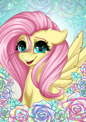 Size: 405x573 | Tagged: safe, artist:nuumia, derpibooru import, fluttershy, pegasus, pony, bust, cute, ears, female, floppy ears, flower, heart, heart eyes, looking at you, mare, open mouth, portrait, shyabetes, smiling, solo, wingding eyes