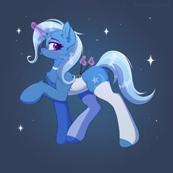 Size: 1603x1606 | Tagged: safe, alternate version, artist:belkaart0w0, derpibooru import, trixie, pony, unicorn, :p, bedroom eyes, blue background, blushing, chest fluff, choker, clothes, corset, cute, diatrixes, ear fluff, ears, eyeshadow, female, glowing, glowing horn, horn, makeup, mare, raised hoof, raised leg, simple background, socks, solo, stockings, thigh highs, tongue, tongue out