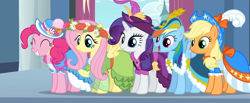 Size: 1822x750 | Tagged: safe, derpibooru import, edit, edited screencap, editor:incredibubbleirishguy, screencap, applejack, fluttershy, pinkie pie, rainbow dash, rarity, magical mystery cure, clothes, composite screencap, dress, excited, excitement, floral head wreath, flower, hat, panorama, remane five