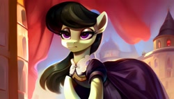 Size: 2688x1536 | Tagged: safe, ai content, derpibooru import, generator:pony diffusion v5, generator:stable diffusion, machine learning generated, octavia melody, earth pony, pony, castle, clothes, dress, female, flag, mare, prompter:siber, revolution, solo