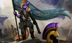 Size: 3280x1945 | Tagged: safe, artist:pridark, derpibooru import, oc, anthro, pegasus, pony, armor, equestrian flag, gun, helmet, royal guard, signature, solo focus, weapon