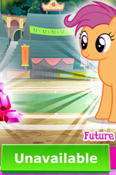 Size: 601x905 | Tagged: safe, derpibooru import, scootaloo, pegasus, pony, cropped, english, female, gameloft, mare, meme, my little pony: magic princess, older, older scootaloo, solo, text, unavailable, wings, wow! glimmer