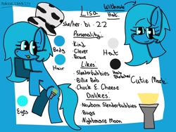 Size: 1024x768 | Tagged: safe, artist:mcrxsolidarity, derpibooru import, oc, oc:lisa, blue eyes, blue pony, cutie mark, female, flashlight (object), happy, hat, heart, heart eyes, reference sheet, smiling, wingding eyes