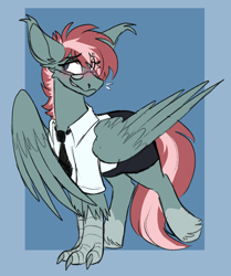 Size: 804x960 | Tagged: safe, artist:rockin_candies, derpibooru import, oc, oc only, oc:cascade script, hippogriff, clothes, femboy, glasses, male, secretary, skirt, wings