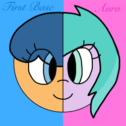 Size: 1920x1920 | Tagged: safe, artist:evelynthelovingheartgirl36, derpibooru import, first base, earth pony, pegasus, g4, adorabase, aura (g4), aurabetes, best friends, blue text, cute, duo, female, filly, foal, friends, pegasus first base, pink text, race swap, smiling, text, two sides