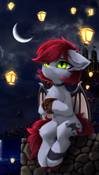 Size: 2391x4250 | Tagged: safe, artist:empress-twilight, derpibooru import, oc, oc only, oc:swaybat, bat pony, pony, choker, crescent moon, moon, mug, sitting