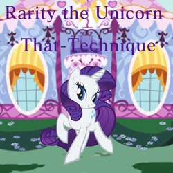 Size: 850x850 | Tagged: safe, artist:that-technique, artist:user15432, derpibooru import, rarity, pony, unicorn, album, album cover, carousel boutique, flower, looking at you, ponyville, raised hoof, raised leg, smiling, smiling at you, solo