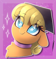 Size: 988x1037 | Tagged: safe, artist:llametsul, derpibooru import, ms. harshwhinny, earth pony, pony, atg 2023, blushing, bust, colored, cute, graduation cap, hat, ms. cutewhinny, newbie artist training grounds, signature, smiling, solo, starry eyes, wingding eyes