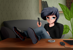 Size: 2640x1833 | Tagged: safe, artist:rainydark, derpibooru import, oc, oc only, human, ashtray, cellphone, cigarette, computer mouse, full body, gobies, humanized, keyboard, legs on table, looking at each other, looking at someone, office, phone, smartphone, smoking, sofa bed, table