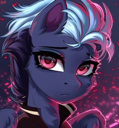 Size: 1907x2048 | Tagged: safe, artist:hakaina, derpibooru import, oc, oc:midnight runner, pegasus, pony, bust, cheek fluff, ear fluff, ears, eyelashes, female, fluffy, high res, lighting, mare, neck fluff, partially open wings, red eyes, shading, signature, solo, wings