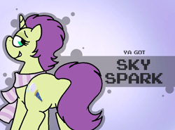 Size: 800x592 | Tagged: safe, artist:soupafterdark, derpibooru import, oc, oc only, oc:sky spark, unicorn, banned from equestria daily, butt, clothes, featureless crotch, female, looking back, looking over shoulder, plot, raised tail, rear view, scarf, smiling, smirk, solo, splash art, style emulation, tail, text, ya got
