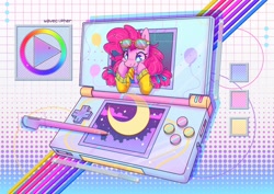 Size: 2048x1448 | Tagged: safe, artist:musicfirewind, derpibooru import, pinkie pie, earth pony, pony, clothes, console, game console, jacket, nintendo ds, smiling, solo, stylus, sunglasses, sunglasses on head, synthwave