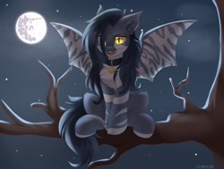 Size: 4096x3093 | Tagged: safe, artist:lunylin, derpibooru import, oc, oc only, bat pony, pony, collar, mare in the moon, moon, night, perching, sitting, solo, spread wings, tree, tree branch, wings