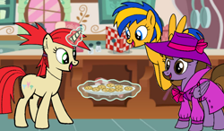 Size: 1024x600 | Tagged: safe, artist:noikincade67, derpibooru import, oc, oc only, oc:flare spark, oc:princess kincade, alicorn, pegasus, pony, unicorn, cartoon network, clothes, cookie, fedora, female, female oc, food, frankie foster, happy, hat, horn, kitchen, magic, magic aura, mare, pegasus oc, telekinesis, the powerpuff girls, trenchcoat, trio, unicorn oc