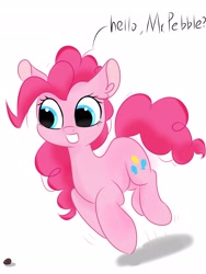 Size: 3072x4096 | Tagged: safe, artist:twiliset, derpibooru import, pinkie pie, earth pony, pony, cute, jumping, minimalist, open mouth, say anything, simple background, smiling, solo, stone, white background