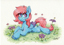 Size: 2096x1479 | Tagged: safe, artist:dandy, derpibooru import, oc, oc only, oc:cyan sunshine, bee, butterfly, insect, pegasus, pony, artfight, copic, ear fluff, ears, eye clipping through hair, eyebrows, eyebrows visible through hair, female, flower, grass, looking at you, lying down, pegasus oc, solo, traditional art, unshorn fetlocks